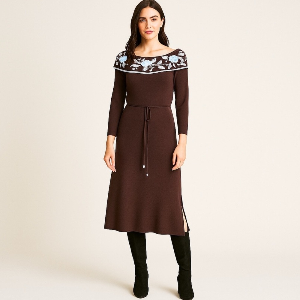 BCBG Off Shoulder Embroidered Knit Midi Dress Brown Blue Floral NWT Sz L Winter